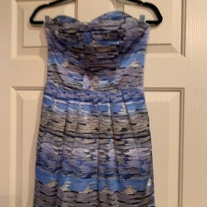 BCBGeneration Strapless Blue and Gray Patterned Cocktail Dress